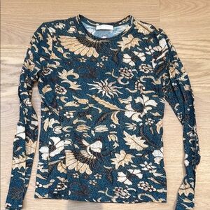 Fitted Green and Blue Long Sleeve Blouse with Crew Neck